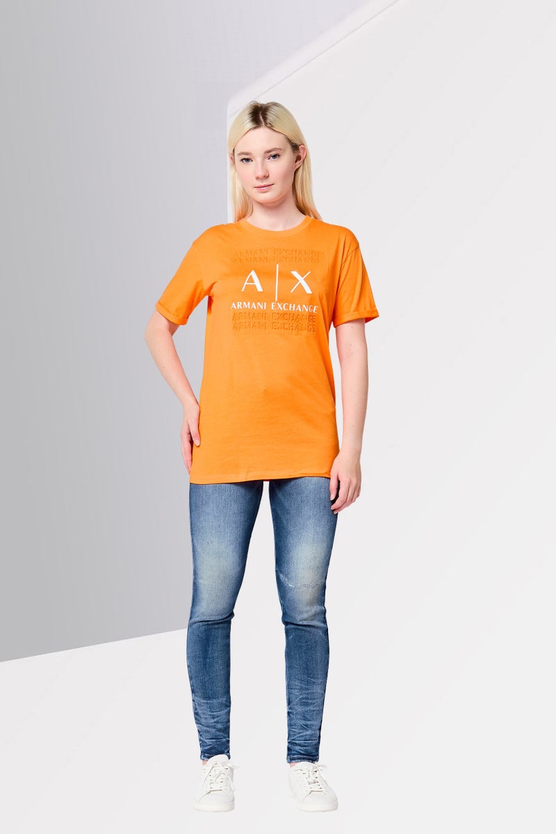 Armani Exchange Women Crew Neck Short Sleeve Graphic Print T-Shirt, Orange - Image 2